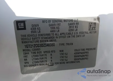 2013 GMC Sierra 2500Hd Work Truck z USA, uszkodzony, nr VIN 1GT21ZCG3DZ348380